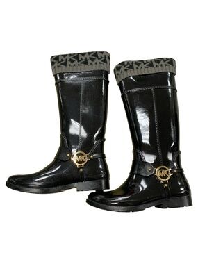 Michael Kors Black Patent Rain Boots with Logo Cuff S8